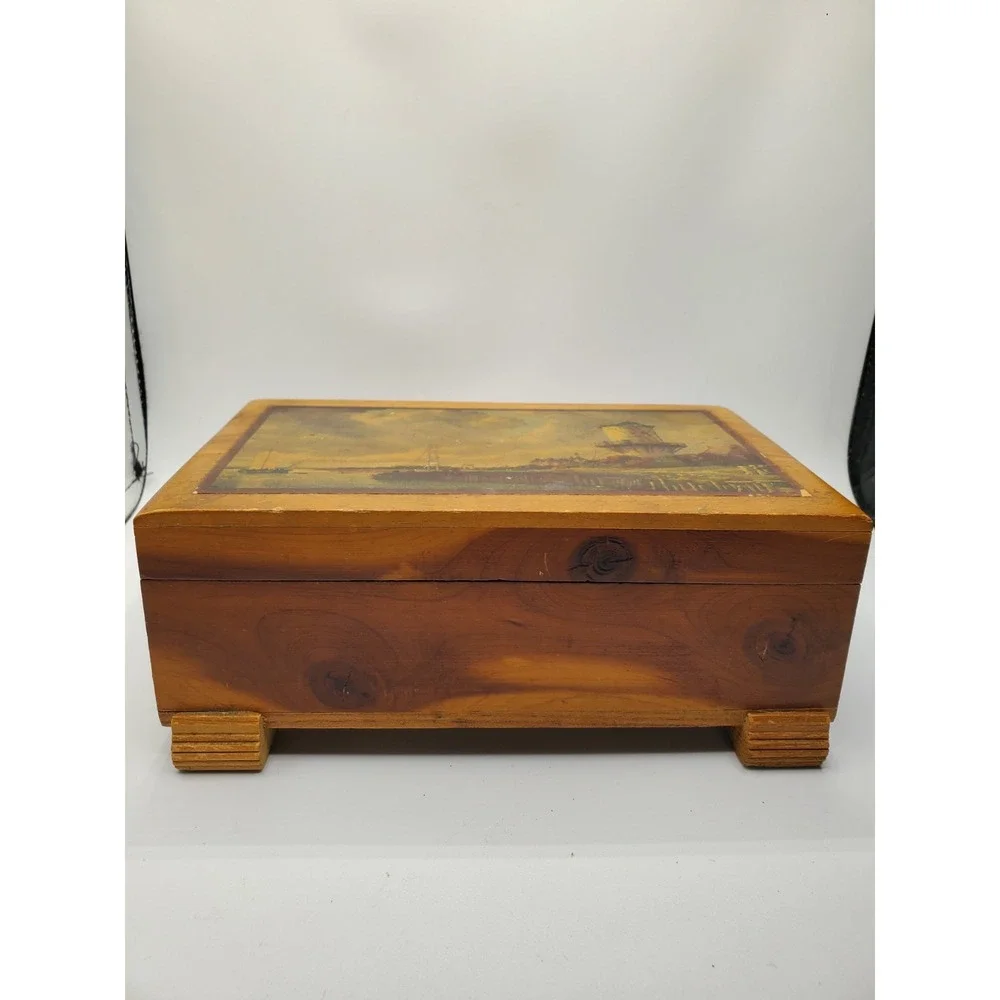 Vintage Wooden Jewelry Trinket Box Hinged Overlay 9 x 5 Inches Footed Holland